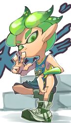  1boy arm_warmers bare_shoulders black_pants capri_pants closed_mouth frown green_arm_warmers green_eyes green_footwear green_hair highres inkling inkling_boy inkling_player_character jersey koike3582 nintendo outline pants pointy_ears shoes short_hair single_arm_warmer single_bare_arm sitting solo splatoon_(series) tentacle_hair two-tone_footwear white_footwear white_outline 