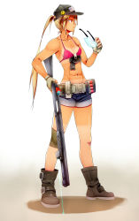 1girl abs absurdres american_flag bad_id bad_pixiv_id baseball_cap belt bikini bikini_top_only blonde_hair boots borrowed_character breasts commentary_request denim denim_shorts eotech evolution_(movie) fingerless_gloves flat_chest full_body gloves green_laser gun hat highres holster jessica_jefferson laser laser_pointer_projection laser_sight long_hair looking_away navel onibi_(foxhound4185) original ponytail red_eyes revealing_clothes shirt_tan short_shorts shorts shotgun shotgun_shell small_breasts solo standing strap_gap swimsuit tan tanline weapon white_background rating:Sensitive score:16 user:danbooru