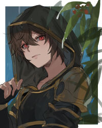  1boy adjusting_clothes ahoge berry bishounen blue_background brown_hair commentary commentary_request cowboy_shot empty_eyes expressionless granblue_fantasy hair_between_eyes highres hood hood_up leaf light_frown looking_to_the_side male_focus messy_hair rain red_eyes sandalphon_(granblue_fantasy) short_hair solo tki tree upper_body water_drop 