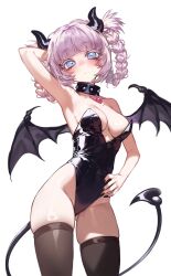  1girl arm_behind_head arm_up armpits bare_arms bare_shoulders black_horns black_leotard black_nails black_tail black_thighhighs black_wings blue_eyes blunt_bangs blush braided_hair_rings breasts closed_mouth collar colored_eyelashes commentary cowboy_shot demon_horns demon_tail demon_wings dot_nose expressionless fingernails foolish_potato gluteal_fold hand_on_own_hip head_tilt heart highleg highleg_leotard highres horns leotard long_fingernails looking_at_viewer medium_breasts nail_polish nanakusa_nazuna_(yofukashi_no_uta) purple_hair ringed_eyes sidelocks simple_background skindentation solo spiked_collar spikes standing strapless strapless_leotard symbol-only_commentary tail thick_eyelashes thighhighs white_background wings yofukashi_no_uta 