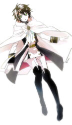  1boy belt_buckle black_coat black_collar black_footwear black_hair boots bow bowtie brooch buckle cape coat collar collared_cape collared_shirt commentary_request full_body gold_belt green_eyes hair_between_eyes high_collar hyakuya_yuuichirou jewelry knee_boots long_sleeves male_focus nishikiori open_clothes open_coat oversized_clothes owari_no_seraph pants parted_lips shirt short_hair simple_background solo twitter_username white_background white_bow white_bowtie white_cape white_pants white_shirt white_sleeves 