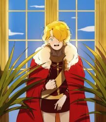  1boy blonde_hair blue_eyes blue_sky cape clenched_hand cowboy_shot dandelion_goldenleonard fur-trimmed_cape fur_trim hair_over_one_eye king&#039;s_maker long_sleeves male_focus naruysae open_mouth plant red_cape short_hair sky solo teeth upper_teeth_only window 