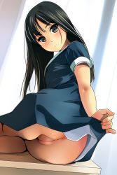  1girl ass black_eyes black_hair blush cleft_of_venus clothes_lift dress dress_lift female_focus highres leaning_to_the_side lifting_own_clothes long_hair looking_at_viewer matsunaga_kouyou no_panties nude_filter pussy short_sleeves solo third-party_edit uncensored upskirt  rating:Explicit score:192 user:Cookiez123