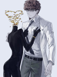  1boy 1other barbata belt biker_clothes bikesuit black_bodysuit black_necktie bodysuit bracelet brown_hair celty_sturluson celty_sturluson_(cosplay) closed_mouth collared_shirt commentary cosplay couple cowboy_shot dress_shirt durarara!! english_commentary facial_hair glasses goatee gold grey_background grey_pants hand_on_another&#039;s_chest hand_on_another&#039;s_shoulder hands_up headless heart highres houseki_no_kuni jewelry kishitani_shinra kishitani_shinra_(cosplay) lab_coat light_smile liquid long_sleeves looking_at_another necktie necktie_grab neckwear_grab pants phosphophyllite phosphophyllite_(ll) shirt short_hair sideburns simple_background sleeves_rolled_up white_shirt zakirsiz 