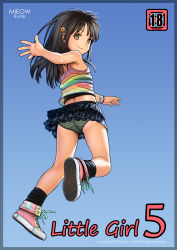  1girl ass bare_shoulders black_hair bracelet brown_eyes camisole crotch from_behind from_below hair_ornament hairclip jewelry kneepits loli long_hair looking_at_viewer looking_back midriff miniskirt original panties pantyshot petite rustle shoes simple_background skirt smile sneakers solo striped_clothes striped_panties tank_top underwear upskirt  rating:Questionable score:146 user:DustWolf4