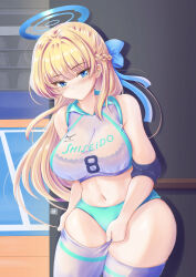  1girl absurdres aqua_buruma black_bra blonde_hair blue_archive blue_eyes blunt_bangs blush bra bra_visible_through_clothes braid breasts buruma cleavage elbow_pads gym gym_uniform hair_ribbon halo highres indoors large_breasts long_hair looking_at_viewer mechanical_halo navel panties panties_under_buruma ribbon see-through shirt sidelocks solo sportswear standing thighhighs toki_(blue_archive) tong_shui underwear volleyball_uniform wet wet_clothes wet_shirt white_background white_shirt 