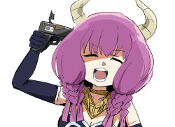  1girl :o aura_(sousou_no_frieren) black_gloves braid breasts cleavage demon_girl demon_horns elbow_gloves evoker gloves gun gun_to_head hair_between_eyes handgun holding holding_gun holding_weapon horns jewelry long_hair looking_at_viewer low_twintails neck_ring persona persona_3 portrait purple_hair sidelocks simple_background solo sousou_no_frieren strapless tenten_(chan4545) twintails v-shaped_eyebrows weapon white_background 