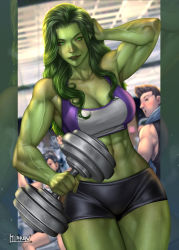  abs biceps bike_shorts blurry blurry_background blush breasts cleavage colored_skin dumbbell exercising green_eyes green_hair green_skin hand_in_own_hair hibren highres looking_back marvel parted_lips she-hulk solo_focus sports_bra sweat thighs veins veiny_arms weightlifting  rating:Sensitive score:30 user:danbooru