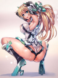 1girl :o angela_balzac anus anus_peek armor armpits arms_behind_back arms_up ass bad_id bad_pixiv_id black_footwear black_gloves blonde_hair blue_eyes boots breasts bunching_hair chikokuma colored_eyelashes covered_erect_nipples diffraction_spikes elbow_gloves from_side full_body gloves gradient_background grey_background halterneck head_tilt headgear high_heel_boots high_heels impossible_clothes impossible_leotard knee_boots large_breasts leotard long_hair looking_at_viewer looking_back open_mouth partially_visible_vulva pilot_suit ponytail rakuen_tsuihou see-through shadow shiny_clothes shiny_skin skin_tight solo spread_legs squatting surprised thighs thong thong_leotard turtleneck very_long_hair wedgie white_leotard rating:Questionable score:100 user:danbooru