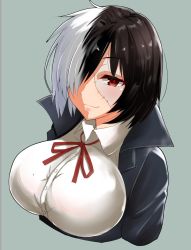  1girl bad_id bad_twitter_id black_coat black_hair black_jack_(character) black_jack_(series) breasts closed_mouth coat collared_shirt commentary_request grey_background hair_over_one_eye haruka_(haruka_channel) large_breasts multicolored_hair neckerchief one_eye_covered open_clothes open_coat red_eyes red_neckerchief red_ribbon ribbon shirt short_hair simple_background smile solo split-color_hair two-tone_hair upper_body white_hair white_shirt wing_collar  rating:Sensitive score:12 user:danbooru