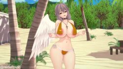  1girl 3d animated beach bench bikini bouncing_breasts braid breasts building cleavage cloud cross cross_necklace dancing day feathered_wings french_braid grey_hair hair_between_eyes half_up_braid huge_breasts jewelry kishin_sagume koikatsu_(medium) large_areolae looking_at_viewer mountain navel necklace outdoors purple_eyes raidercwar sand shaking_hips short_hair single_wing sky solo standing string_bikini swimsuit thick_thighs thighs touhou tree twitter_uniform uncensored v video white_wings wide_hips wings yellow_bikini 