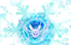animal_focus blue_eyes bug commentary creatures_(company) from_below frosmoth game_freak gen_8_pokemon glint ice insect moth nintendo no_humans pokemon pokemon_(creature) snowflakes snowing solid_circle_eyes white_fur wings yuzhongwho