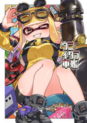  1girl american_football_(object) ball bike_shorts black-framed_eyewear black_footwear blonde_hair border breasts brown_eyes commentary_request eyewear_on_head game_console gamecube glasses gun high_tops highres holding holding_gun holding_weapon inkling inkling_girl inkling_player_character large_breasts long_hair multicolored_background nautilus_(splatoon) nintendo one_eye_closed outside_border pointy_ears red_footwear shina_shina shoes sitting smile sneakers solo splatoon_(series) splatoon_3 star_(symbol) star_in_eye symbol_in_eye tag teeth tentacle_hair translation_request unworn_footwear weapon white_border yellow-framed_eyewear 