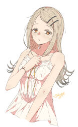  1girl :t absurdres bare_shoulders blush breasts camisole collarbone cropped_torso dated earrings gakuen_idolmaster gradient_hair grey_hair haekel highres idolmaster jewelry light_brown_hair long_hair looking_at_viewer multicolored_hair shinosawa_hiro signature simple_background small_breasts solo stud_earrings white_background white_camisole 