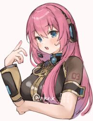  1girl aqua_eyes arm_under_breasts black_vest blush breasts commentary cropped_torso detached_sleeves hair_between_eyes hair_over_shoulder hand_up headphones headset high_collar highres large_breasts long_hair looking_at_viewer megurine_luka microphone number_tattoo open_mouth pink_hair pink_nails see-through see-through_shirt short_sleeves shoulder_tattoo simple_background single_detached_sleeve solo tananuki tattoo teeth twitter_username upper_body upper_teeth_only vest vocaloid  rating:General score:5 user:danbooru