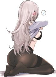  1girl ass black_bra black_pantyhose blue_shirt blush bra breasts clothes_lift commentary_request ear_blush feet flying_sweatdrops from_side grey_hair high-waist_pantyhose highres lifted_by_self long_hair medium_breasts no_pants no_shoes original panties panties_under_pantyhose pantyhose ry_thae sanyu_(ry_thae) seiza shirt shirt_lift simple_background sitting soles solo spoken_flying_sweatdrops thighband_pantyhose toes underwear undressing very_long_hair white_background 