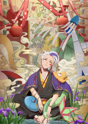  1boy absurdres alternate_costume barefoot black_kimono black_nails character_print closed_mouth commentary_request creatures_(company) dragonite drayton_(pokemon) earrings facepaint flower flygon game_freak gen_1_pokemon gen_2_pokemon gen_3_pokemon gen_5_pokemon haxorus highres japanese_clothes jewelry kimono kingdra looking_up male_focus mask multicolored_hair nail_polish nintendo p_0_a pokemon pokemon_sv purple_flower purple_hair sceptile sitting streaked_hair toenail_polish toenails toes water white_hair yellow_eyes 