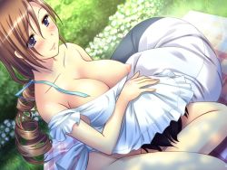  1boy 1girl apron breasts game_cg ibaraki_mariya naked_apron nipples outdoors ribbon shojo_mama  rating:Explicit score:13 user:emile