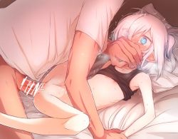 1boy 1girl arm_grab azuma_shino bed blue_eyes bottomless censored covering_own_mouth eyes_visible_through_hair flat_chest groin_tendon hair_over_one_eye hetero loli lying motion_lines nipples nowareno_(azuma_shino) on_back on_bed one_side_up original penis pillow pussy pussy_juice restrained sex slit_pupils spread_legs tears vaginal white_hair wide-eyed rating:Explicit score:370 user:Dweenie