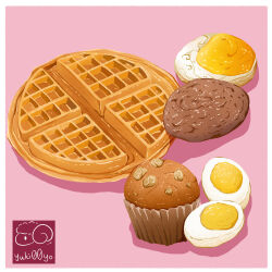  artist_logo artist_name cookie egg_(food) food food_focus highres muffin no_humans nut_(food) original pink_background softboiled_egg waffle yuki00yo 