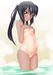 1girl black_eyes blush breast_hold breasts brown_eyes cleft_of_venus covering_privates covering_breasts embarrassed female_focus frown k-on! long_hair nakano_azusa navel nude pussy sakura_ryuuken solo standing steam tan tanline thighs twintails uncensored wading water wet rating:Explicit score:33 user:danbooru