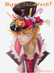  1boy _canto artist_name bad_id bad_pixiv_id blonde_hair bow caesar_anthonio_zeppeli candy candy_cane cross cross_earrings cupcake dated earrings facial_mark food green_eyes hat jack-o&#039;-lantern jewelry jojo_no_kimyou_na_bouken male_focus necktie portrait ribbon skull solo top_hat wafer_stick 