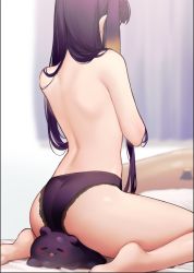 1girl :3 ass back back_focus barefoot blurry blurry_background blush facing_away from_behind highres hololive hololive_english lace lace-trimmed_panties lace_trim long_hair multicolored_hair ninomae_ina&#039;nis panties purple_hair purple_panties sidelocks sitting sitting_on_animal smilesmile1312 solo streaked_hair takodachi_(ninomae_ina&#039;nis) thighs topless underwear underwear_only virtual_youtuber rating:Questionable score:335 user:danbooru