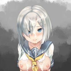 10s 1girl blue_eyes blush breasts cum cum_on_body cum_on_upper_body facial female_focus gradient_background hair_ornament hair_over_one_eye hairclip hamakaze_(kancolle) kantai_collection kyou_(tr-6) large_breasts looking_at_viewer nipples school_uniform serafuku short_hair silver_hair solo torn_clothes rating:Explicit score:27 user:danbooru