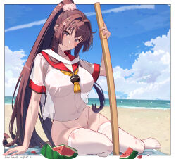  1girl alternate_costume baseball_cap beach beach_towel blue_sky bokken breasts brown_hair closed_mouth cloud covered_navel food fruit hair_intakes hat highres himeyamato iowa_(kancolle) kantai_collection large_breasts legs_apart long_hair ocean parted_bangs planted planted_sword planted_weapon red_eyes sand see-through see-through_shirt shouting_with_hands sidelocks sitting sky solo suikawari swimsuit swimsuit_under_clothes sword thighhighs towel very_long_hair watermelon weapon white_thighhighs wooden_sword yamato_(kancolle) yokozuwari 