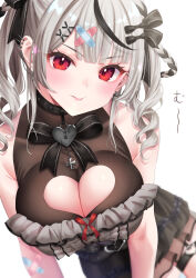  absurdres bare_shoulders black_collar black_dress black_ribbon blunt_bangs blurry blurry_background breasts cleavage cleavage_cutout clothing_cutout collar dress drill_hair ear_piercing frilled_dress frilled_shirt frills green_eyes grey_hair grey_shirt hair_ribbon heart-shaped_lock heart_cutout highres hololive large_breasts long_hair looking_at_viewer mary_is_mine piercing red_eyes ribbon sakamata_chloe sakamata_chloe_(jirai_kei) see-through see-through_dress shirt twin_drills virtual_youtuber 