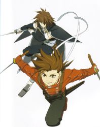  00s 2boys age_difference artist_request belt bodysuit boots brown_eyes brown_hair buttons cape father_and_son fingerless_gloves full_body gloves hair_over_one_eye highres kratos_aurion lloyd_irving looking_at_viewer male_focus multiple_boys official_art pants ribbon scan shoes short_hair simple_background spiked_hair suspenders sword tales_of_(series) tales_of_symphonia weapon  rating:Sensitive score:7 user:Nady