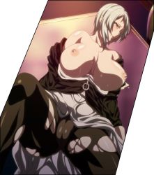1girl blush breasts cameltoe female_focus lactation large_breasts miyuki_seta nipples pantyhose screencap seikon_no_qwaser silver_hair solo spread_legs stitched tears third-party_edit topless torn_clothes rating:Questionable score:189 user:LuffyKiraLight