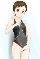 10s 1girl bad_id bad_pixiv_id blush breasts brown_hair cleft_of_venus clothing_aside competition_swimsuit female_pubic_hair girls_und_panzer highres looking_at_viewer one-piece_swimsuit pubic_hair pussy ritaiko_(girls_und_panzer) short_hair small_breasts solo swimsuit swimsuit_aside takafumi uncensored rating:Explicit score:47 user:danbooru