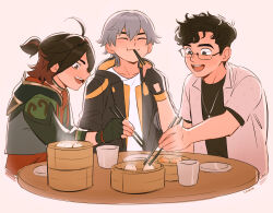  3boys absurdres ahoge baozi black-framed_eyewear black_gloves black_hair black_jacket black_shirt blush bowl brown_eyes brown_hair caelus_(honkai:_star_rail) chalseu choker chopsticks closed_eyes closed_mouth collared_shirt commentary company_connection crossover cup eating english_commentary fang fingerless_gloves food gaming_(genshin_impact) genshin_impact glasses gloves gold_choker grey_hair grey_hoodie hair_between_eyes hand_up highres holding holding_chopsticks honkai:_star_rail honkai_(series) hood hooded_jacket hoodie jacket jewelry long_sleeves looking_at_food male_focus mihoyo multicolored_hair multiple_boys necklace open_clothes open_jacket open_mouth open_shirt orange_jacket original plate ponytail red_shirt semi-rimless_eyewear shirt short_hair short_ponytail short_sleeves simple_background sitting smile standing steam t-shirt table teeth tongue trailblazer_(honkai:_star_rail) two-sided_fabric two-sided_jacket two-tone_hair white_background white_shirt 