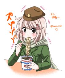  anchor blush bomber_jacket brown_eyes chopsticks commentary cup_ramen eating fairy_(kancolle) green_jacket green_scarf hat hinaco jacket kantai_collection light_brown_hair looking_at_viewer motion_lines one-hour_drawing_challenge scarf short_hair tenzan_(kancolle) translated twitter_username 