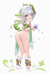  1girl absurdres ass bare_legs bare_shoulders blue_flower breasts female_focus flower from_behind full_body genshin_impact green_eyes green_hair grey_background grey_hair hair_ornament highres huge_filesize loli long_hair looking_at_viewer looking_back multicolored_hair nahida_(genshin_impact) panties pointy_ears ponytail simple_background small_breasts socks solo standing two-tone_hair underwear user_tafm8774 white_panties white_socks  rating:Questionable score:196 user:danbooru