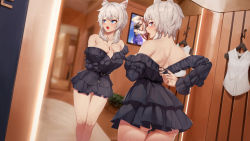 1girl absurdres animal_ear_fluff animal_ears ass bare_legs bare_shoulders belt belt_buckle black_dress black_panties blue_eyes blush breasts buckle cat_ears collarbone commentary_request cosplay_request daydream_(zhdkffk21) dress english_text eyelashes feet_out_of_frame frilled_dress frills highres indoors large_breasts leaning_forward long_sleeves looking_at_viewer makeup mascara mirror off-shoulder_dress off_shoulder open_mouth original panties pantyshot poster_(object) reflection short_dress short_hair_with_long_locks sidelocks silver_har solo standing tongue underwear rating:Sensitive score:30 user:danbooru