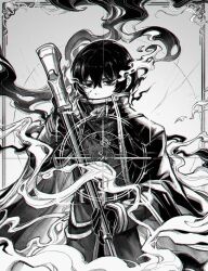 1boy belt cape coat crosshair der_freischuetz_(project_moon) e.g.o_(project_moon) fire flaming_eyes flaw_eight gloves greyscale gun holding holding_weapon limbus_company long_sleeves looking_at_viewer military_uniform monochrome project_moon rifle solo uniform weapon yi_sang_(project_moon)