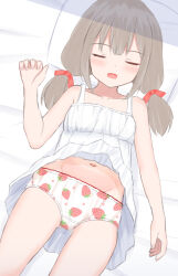  1girl bed blush brown_hair closed_eyes clothes_lift collarbone dress dress_lift flat_chest food_print hair_ribbon loli long_hair low_twintails lying navel on_bed open_mouth panties pillow print_panties red_ribbon ribbon shooko sleeping sleeveless sleeveless_dress strawberry_panties strawberry_print twintails underwear white_dress white_panties 