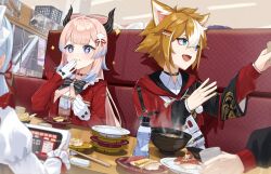  absurdres ayaka_(genshin_impact) belt black_bow blue_hair bow bow-shaped_hair chopsticks closed_mouth colored_tips couch food food_on_face genshin_impact glove_bow gloves gorou_(genshin_impact) gorou_(sushiro)_(genshin_impact) hair_ornament half_gloves hand_up highres holding holding_chopsticks indoors jacket jewelry long_hair long_sleeves looking_to_the_side moti11kkk29 multicolored_hair necklace on_couch open_clothes open_jacket pink_hair raiden_shogun red_belt red_bow red_jacket sangonomiya_kokomi sangonomiya_kokomi_(sushiro) shell_hair_ornament sitting sparkling_eyes thick_eyebrows thoma_(genshin_impact) white_gloves yae_miko 