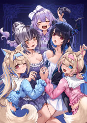  5girls alternate_costume alternate_hairstyle animal_ears asymmetrical_horns black_hair black_horns blonde_hair blue_eyes blue_hair blue_hairband blue_pajamas blue_shirt blush bow breasts cleavage closed_mouth collarbone curry_bowl demon_horns dog_ears dog_girl dress fuwawa_abyssgard hair_bow hair_flaps hairband highres holding_hands holoadvent hololive hololive_english hood hood_down hooded_jacket horns jacket jewel_under_eye koseki_bijou large_breasts midriff mococo_abyssgard mole mole_under_eye multicolored_hair multiple_girls nerissa_ravencroft nightgown one_eye_closed open_mouth pajamas paw_print pink_hair pink_hairband pink_pajamas pink_shirt ponytail purple_hair purple_jacket red_eyes shiori_novella shirt siblings sisters sleepover slit_pupils smile split-color_hair streaked_hair striped_clothes striped_jacket twins uneven_horns virtual_youtuber white_dress white_hair yellow_eyes zipper_pull_tab 