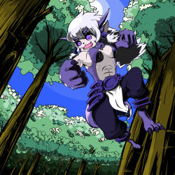  1girl abs animal_ears baggy_pants barefoot blue_eyes borrowed_character breasts clenched_hands colorized dutch_angle fangs forest furry furry_female grey_hair hair_tubes highres horns jumping loincloth long_hair monster_girl nature nise_maou_kemozeru no_nipples original pants revision solo st926 tail topless tree wolf_ears wolf_tail yuusha_to_maou 