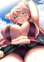  1girl arm_up blonde_hair blue_sky blush breasts cleavage cloud cloudy_sky covered_erect_nipples eyelashes from_below green_eyes hair_between_eyes large_breasts long_hair looking_at_viewer looking_down maria_cadenzavna_eve miniskirt navel open_clothes parted_lips senki_zesshou_symphogear senki_zesshou_symphogear sidelocks skirt sky smile stomach sunlight sweat thighs underboob upskirt yottan 
