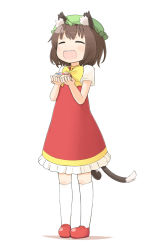  1girl :d ^_^ animal_ears blush bow brown_hair cat_ears chen child closed_eyes dress hat holding kneehighs mob_cap multiple_tails nakashino_setsu open_mouth revision short_hair simple_background smile socks solo standing tail touhou white_background white_socks 