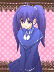  1girl :d ascot blue_capelet blue_shirt blue_skirt blush capelet collared_capelet commentary_request cowboy_shot hair_between_eyes imaichi_moenai_ko kobe_shinbun long_hair looking_at_viewer open_mouth pink_background pleated_skirt polka_dot polka_dot_background purple_eyes purple_hair shirt skirt smile solo tomo-graphy twintails white_ascot 