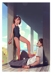1boy 1girl absurdres age_difference barefoot black_one-piece_swimsuit blue_sky breasts brown_hair censored cloud day femdom footjob hair_ornament hairclip hetero highres legs loli looking_at_another mosaic_censoring muk_(monsieur) one-piece_swimsuit original outdoors penis short_hair sky small_breasts swimsuit rating:Explicit score:188 user:danbooru