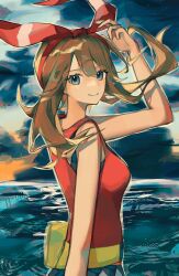  1girl absurdres asatte_3z bare_shoulders bow brown_hair closed_mouth creatures_(company) eyelashes fanny_pack from_side game_freak grey_eyes hair_bow highres looking_at_viewer may_(pokemon) nintendo pokemon pokemon_oras red_bow red_shirt shirt sleeveless sleeveless_shirt smile solo upper_body 