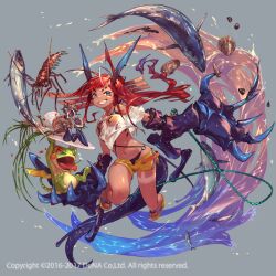  1girl 2016 2017 asymmetrical_arms blue_eyes braid breasts claws conch crustacean fangs feet fish food frog full_body grey_background horns lobster long_hair open_mouth original red_hair sandals shell shorts small_breasts smile so-taro tail teeth waves wet wet_clothes wings 