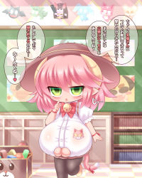 1girl bell blush breasts cat_girl cat_tail cleavage_cutout clothing_cutout demon_girl green_eyes hat highres horns large_breasts monster_girl pink_hair pointy_ears ribbon solo tail tarankobu text_focus translated rating:Questionable score:3 user:krykan