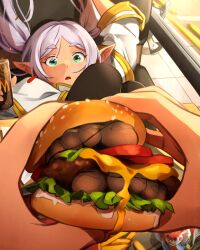  1girl burger elf feet food food_on_foot foot_focus foreshortening frieren green_eyes grey_hair highres khyle. long_hair looking_at_viewer open_mouth pantyhose pointy_ears pomni_(the_amazing_digital_circus) pov pov_hands solo_focus sousou_no_frieren toes twintails  rating:Sensitive score:275 user:danbooru